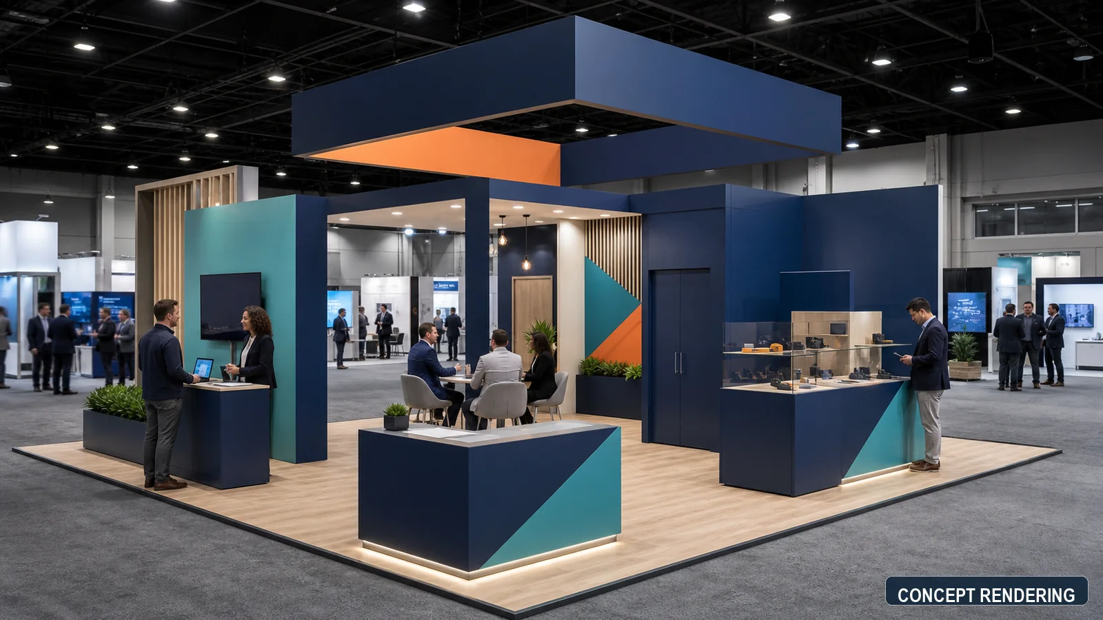 Concept rendering of a 20x20 island trade show booth with open approaches, demo space, reception, product display, meeting area, and integrated storage.