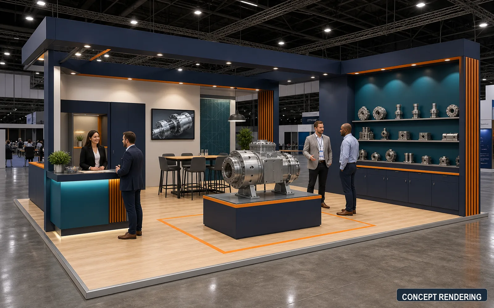Concept rendering of a 20x20 industrial trade show booth with a hero component display, sample wall, engineering conversation space, reception, and storage.