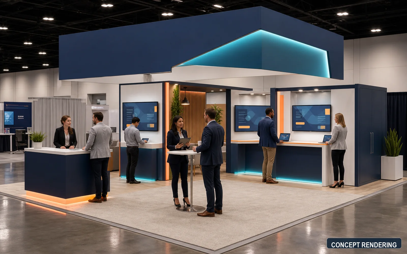 Concept rendering of a 20x20 technology trade show booth with multiple demo stations, open circulation, a standing conversation area, and enclosed storage.
