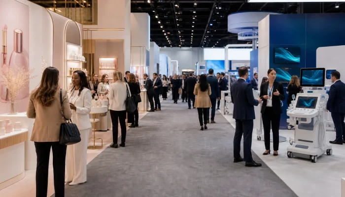 Beauty and healthcare trade show exhibits in a U.S. convention center