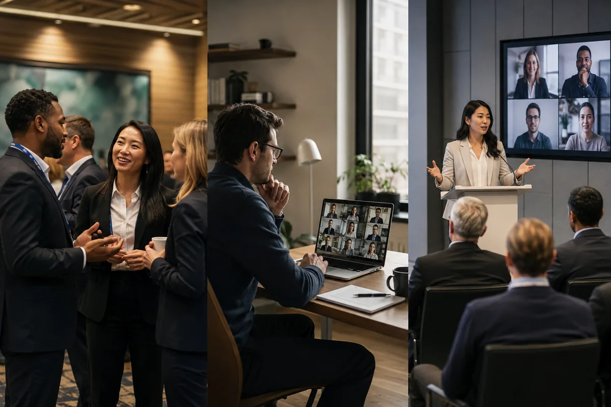 Visual comparison of in-person, virtual, and hybrid business event formats