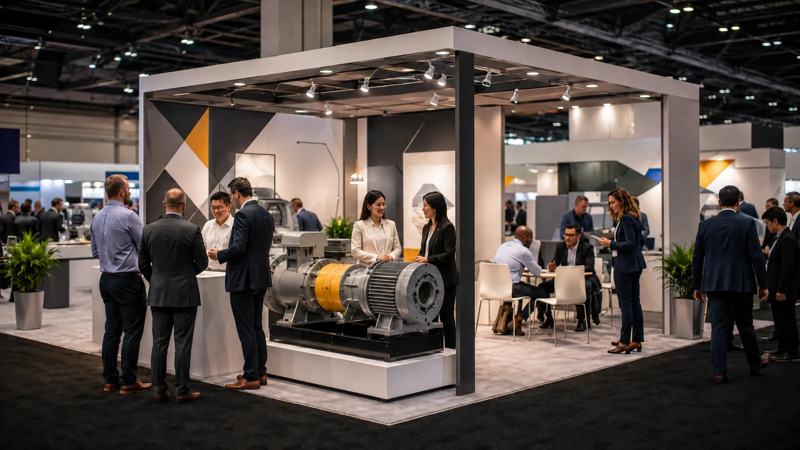 Modern open-sided B2B exhibit stand with a clear central product display and visitor entrances