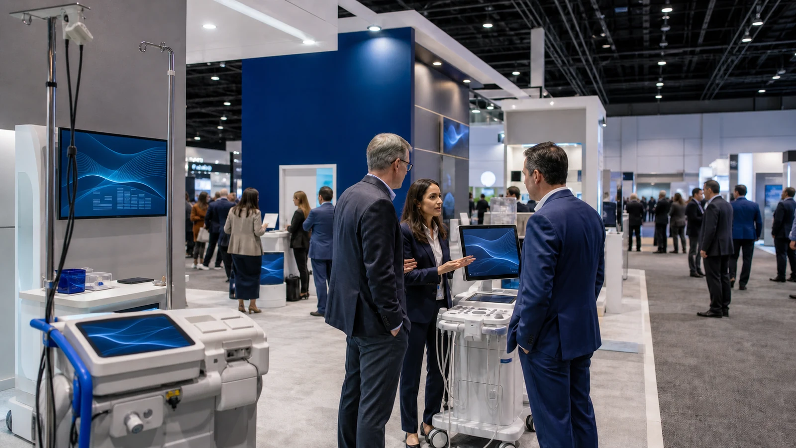 Medical equipment exhibitors meeting professionals at a U.S. trade show