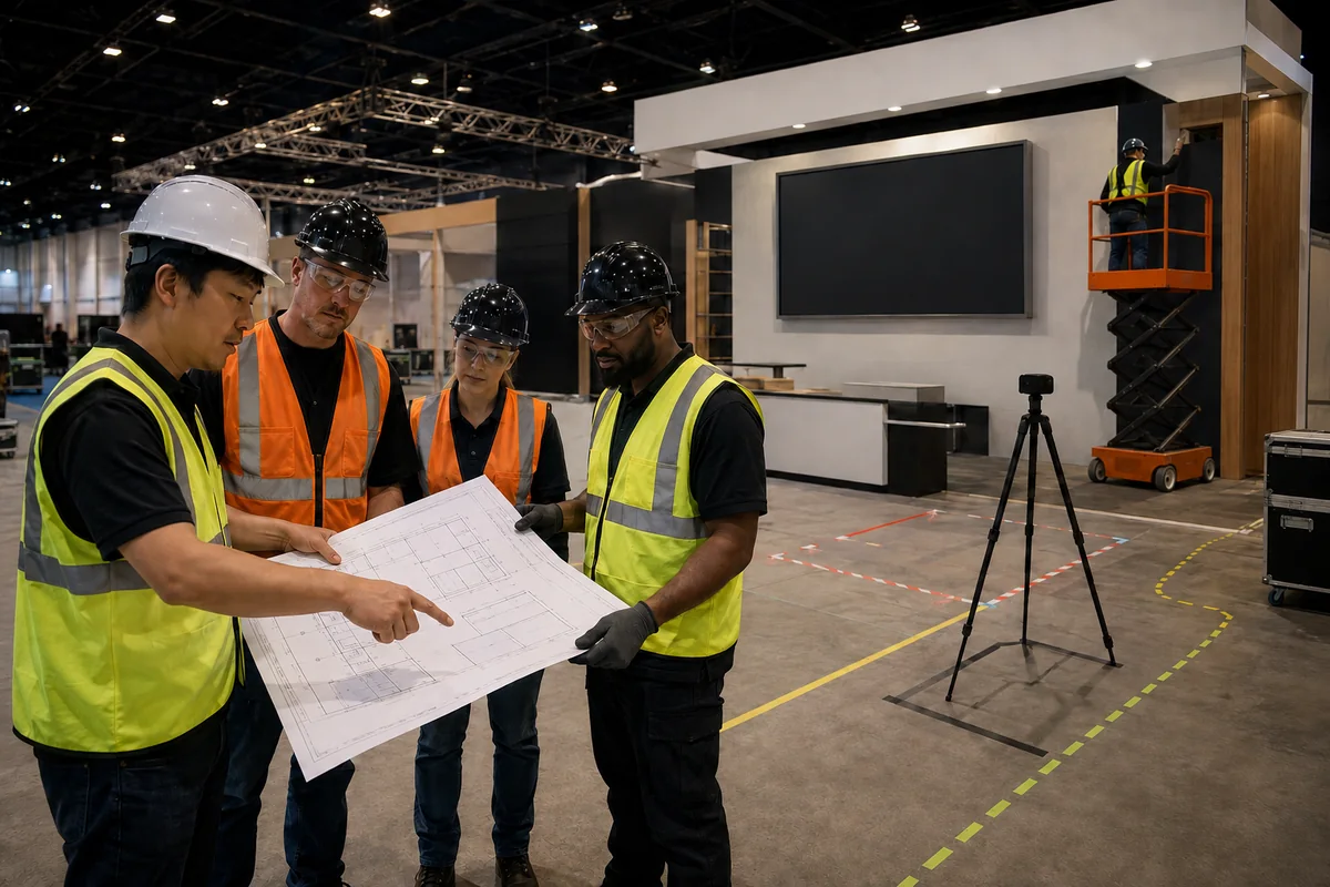 Trade show booth team coordinating physical setup for cameras, screens, products, and visitors