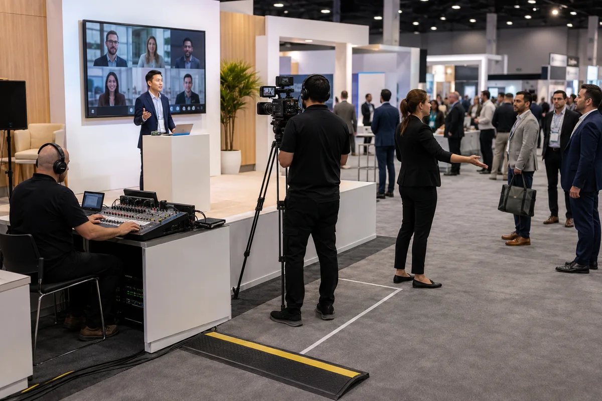 Onsite team coordinating cameras, audio, screens, visitors, and safe circulation during a hybrid event