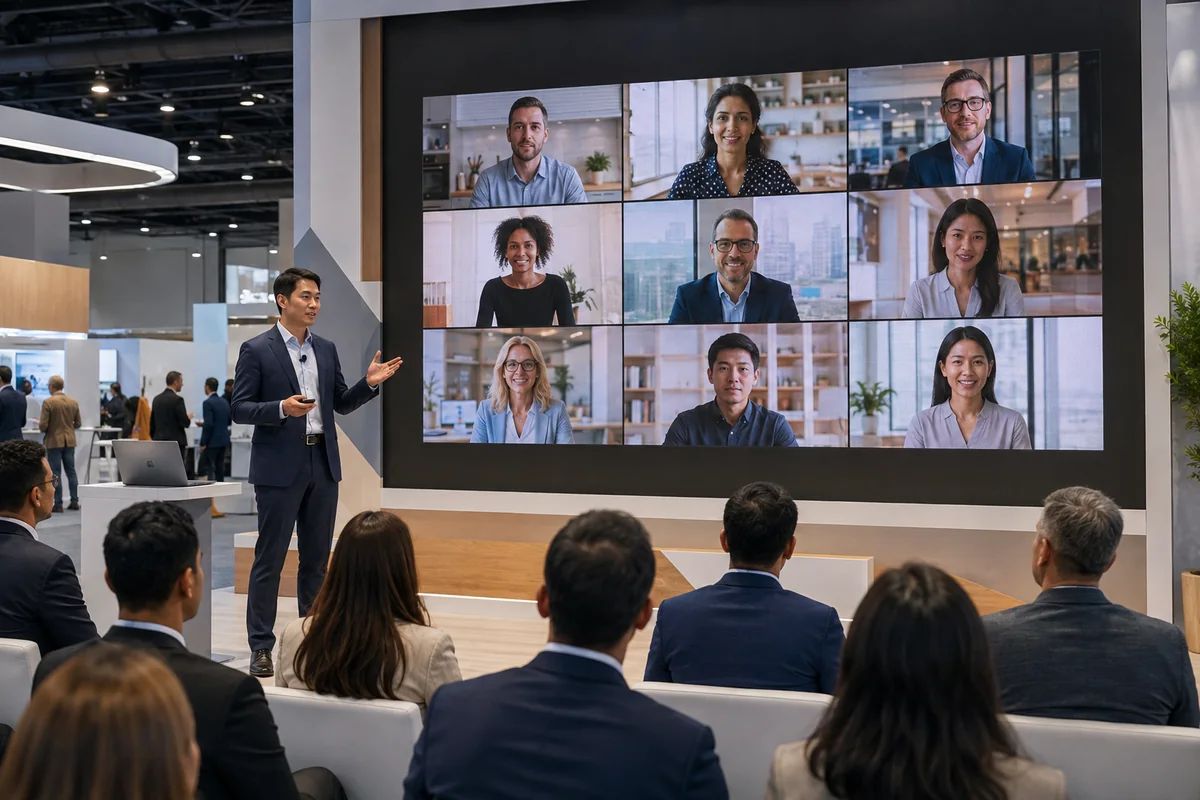 Main venue connected with remote participants in a hybrid event format