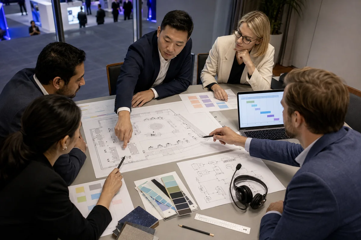 Project team coordinating booth layout, production roles, and the hybrid event run of show