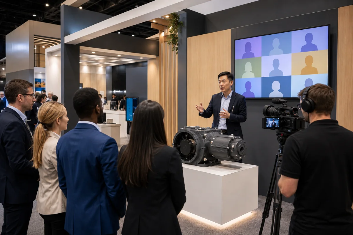 Hybrid product demonstration with onsite visitors and a remote audience at a U.S. trade show booth