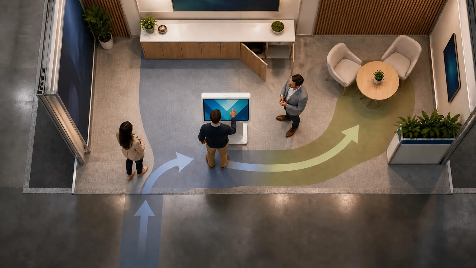 Top-down trade show booth flow around a kiosk and staff handoff area