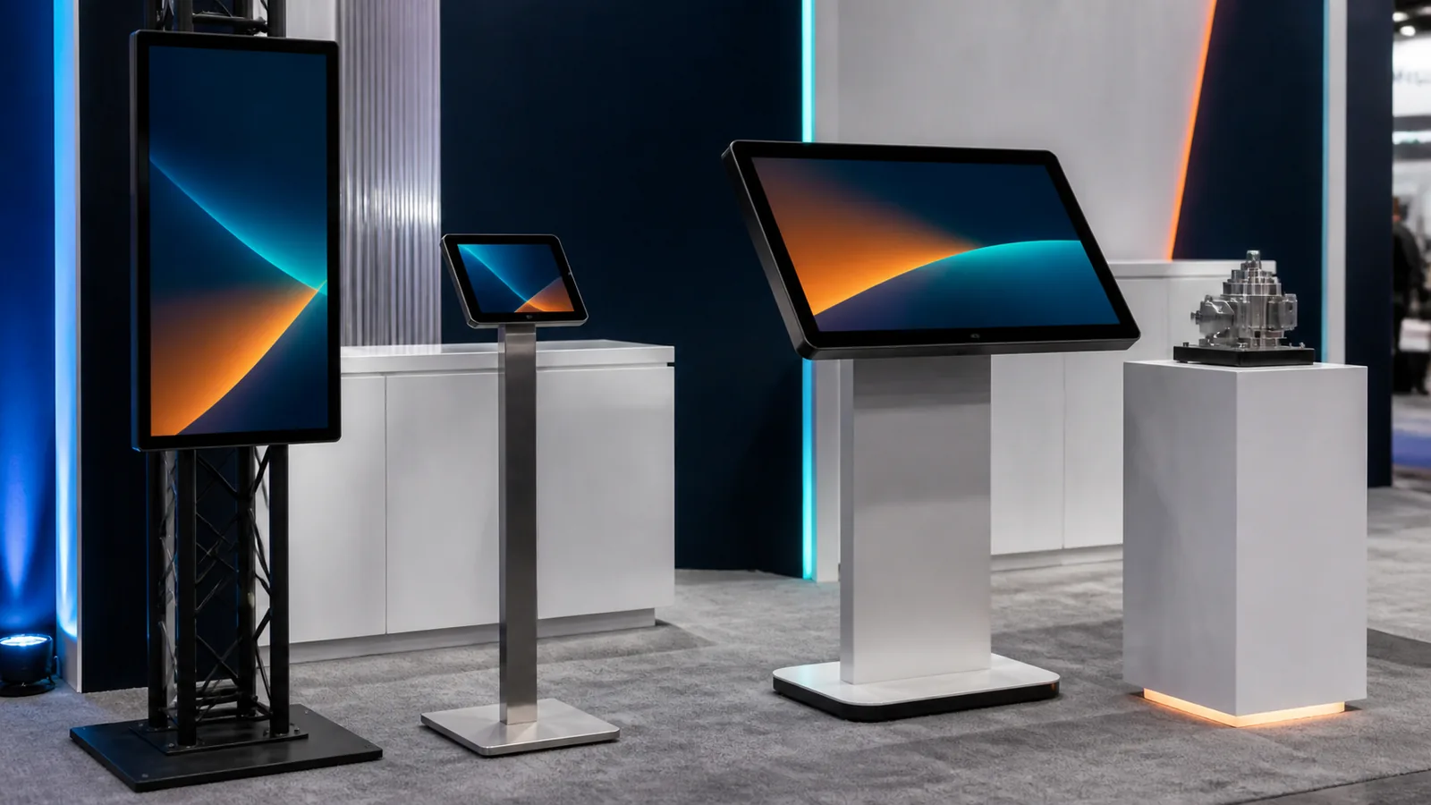 Monitor, tablet, touchscreen, and screen-free trade show kiosk options