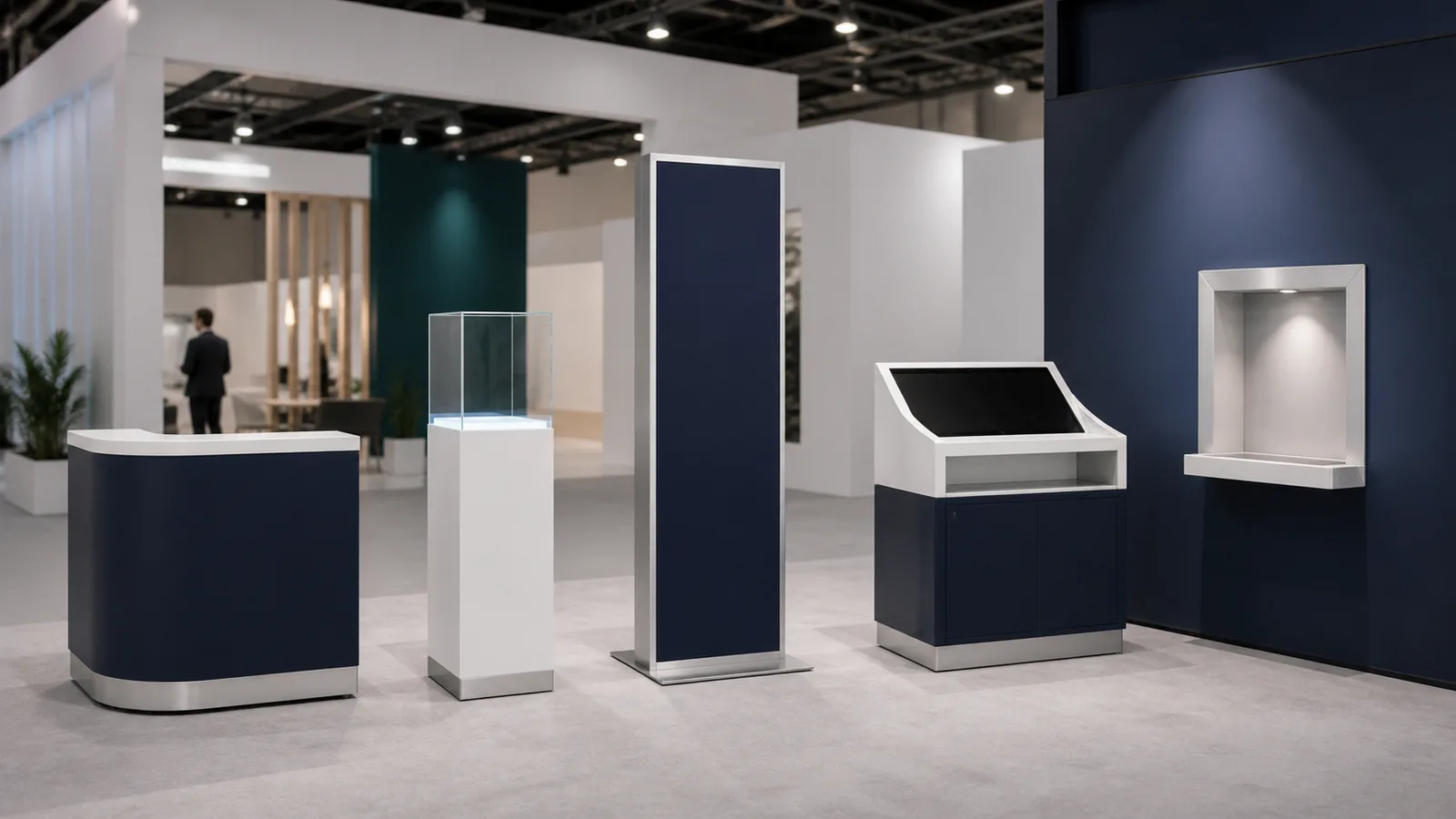 Different physical formats of trade show kiosks in an exhibit showroom