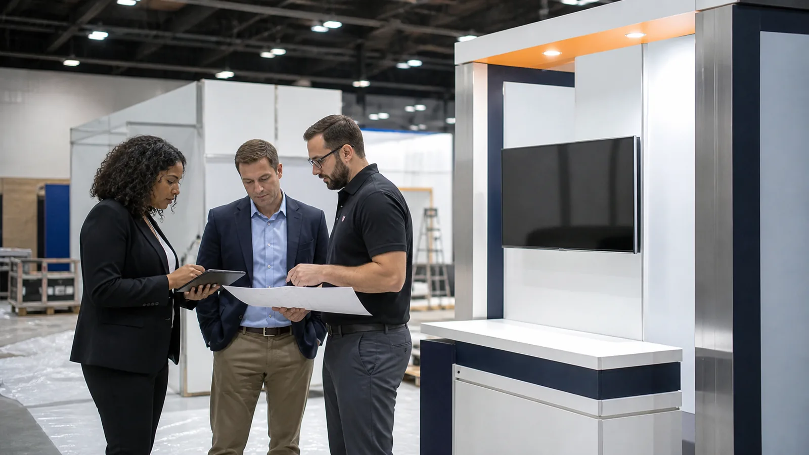 Exhibit consultant discussing a trade show kiosk plan with a B2B client team