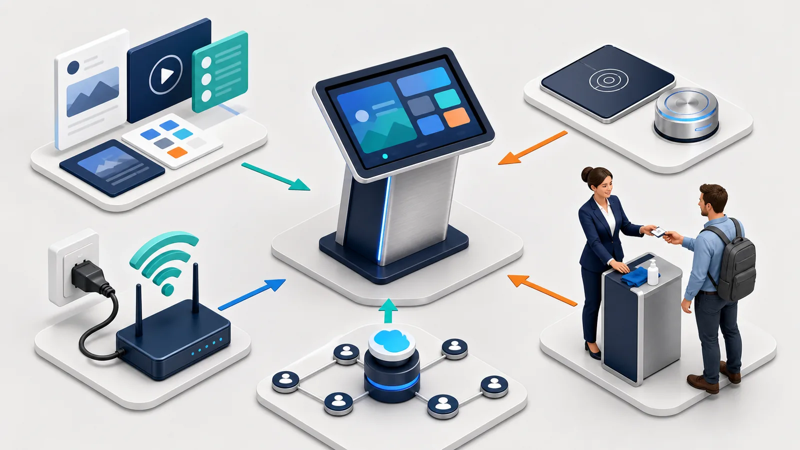 Five connected layers of an interactive trade show kiosk system