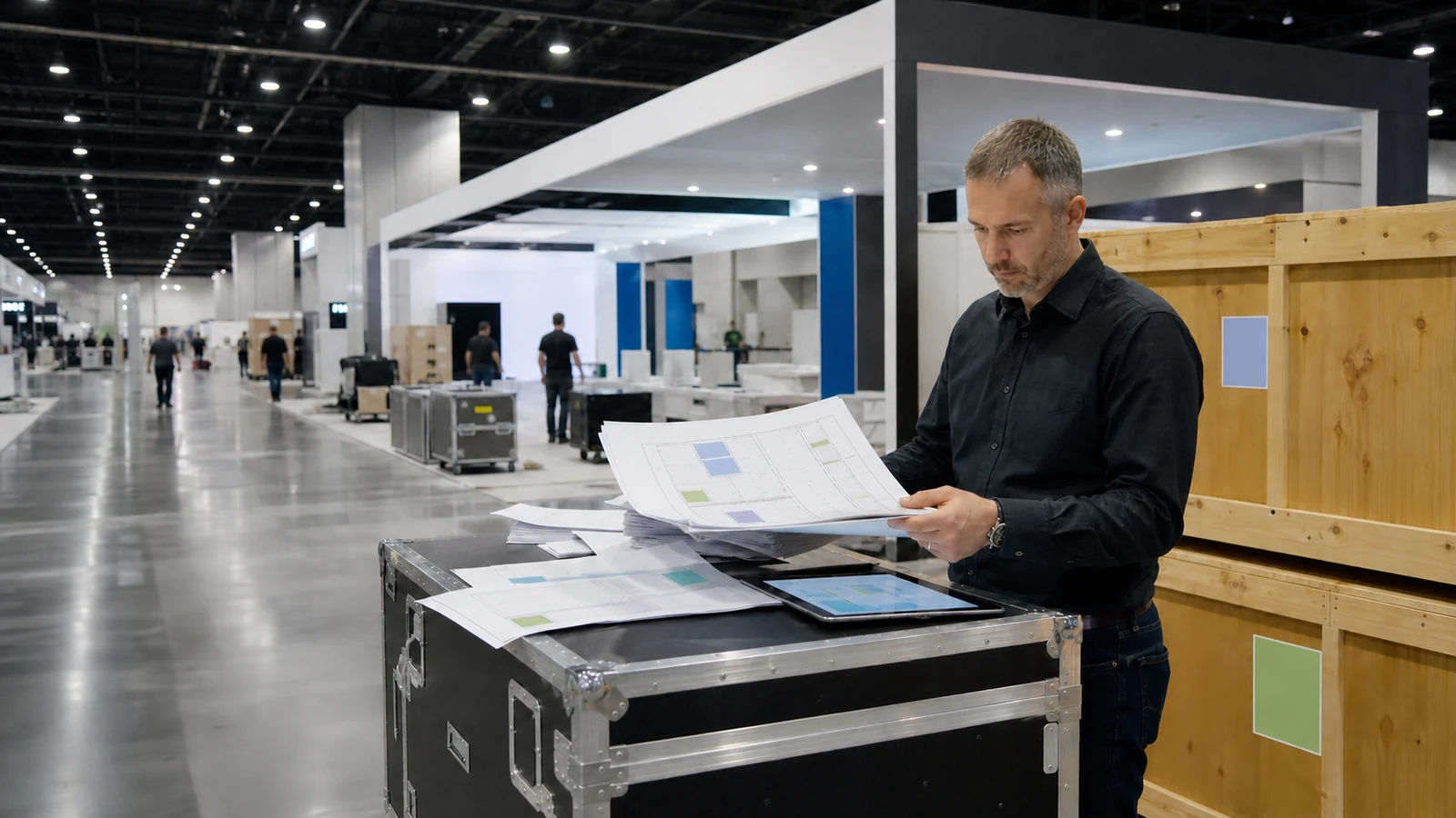 Exhibitor checking venue rules floor plan and logistics before booking