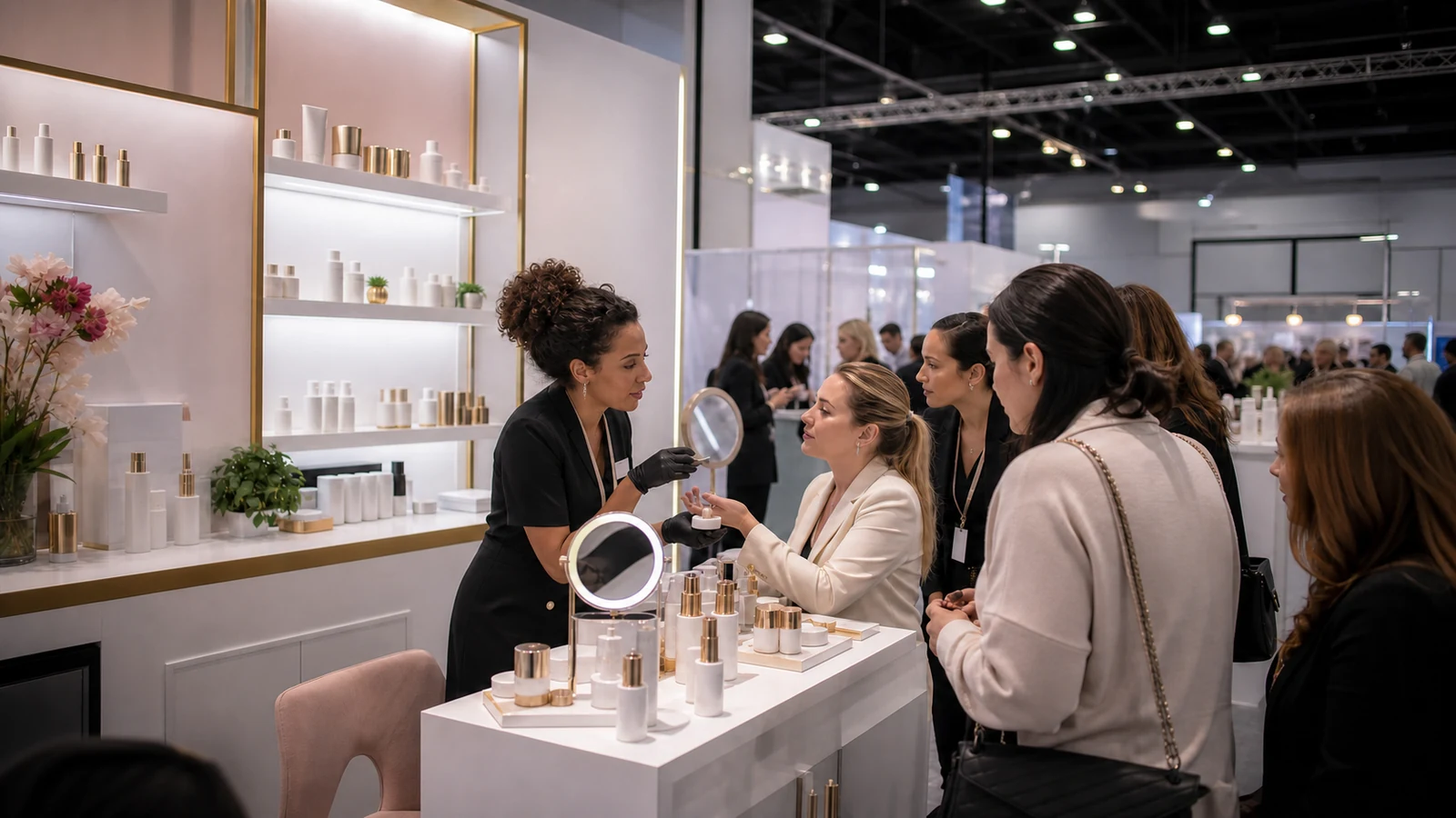 Professional beauty and spa product demonstration at a trade show