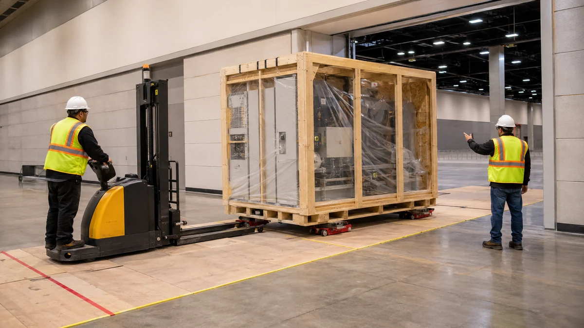 Large machinery exhibit moving through a convention center freight entrance