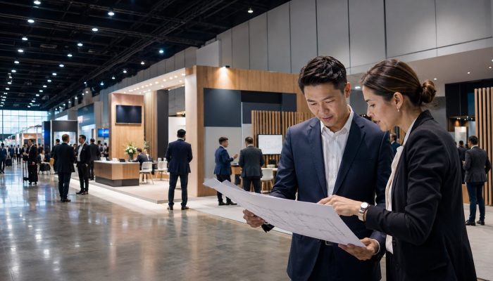 Exhibitor and booth planner reviewing a floor plan inside a large Texas trade show venue