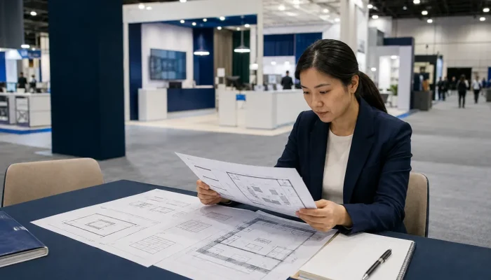 Exhibitor reviewing a U.S. trade show manual booth quote and floor plan