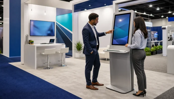 A branded trade show kiosk integrated into a modern B2B exhibit