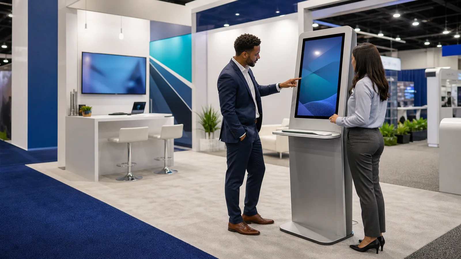 A branded trade show kiosk integrated into a modern B2B exhibit