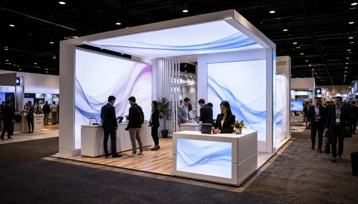 Finished turnkey trade show booth with reception and product demonstration areas