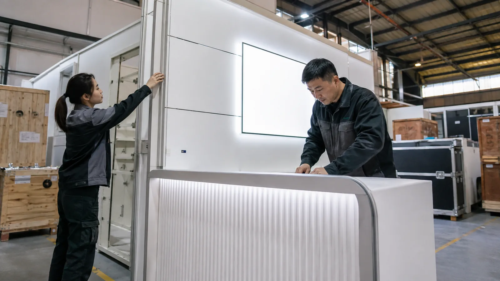 Pre-build inspection of trade show booth components before shipping