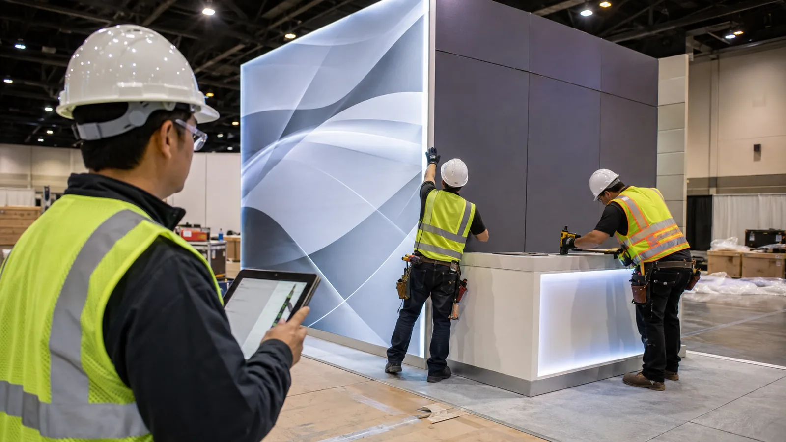 On-site coordination of graphics lighting and booth installation