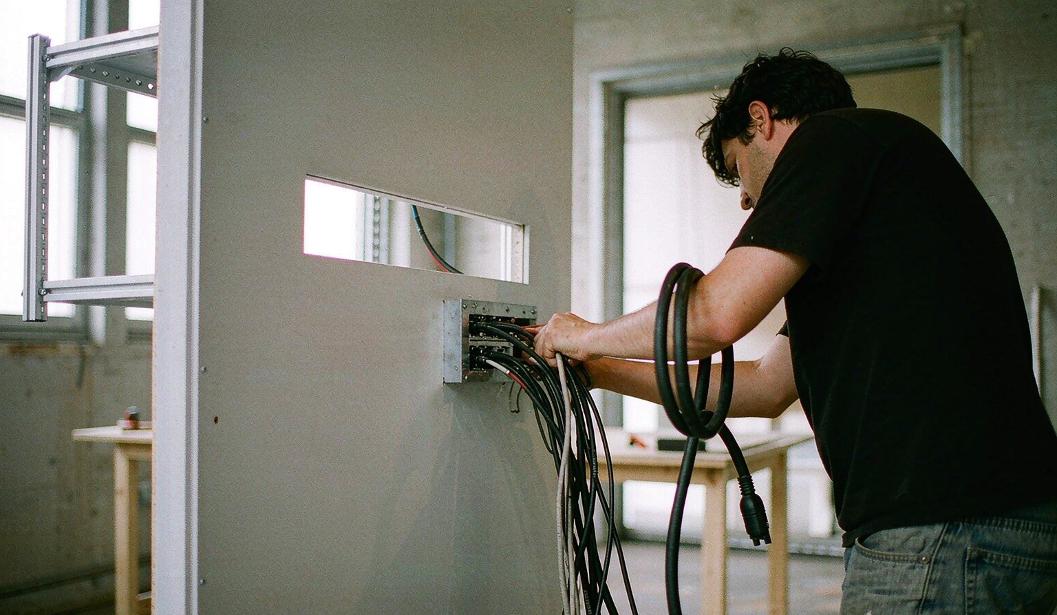 Cabling and connection plate being prepared behind a booth wall - Trade Show AV Rental