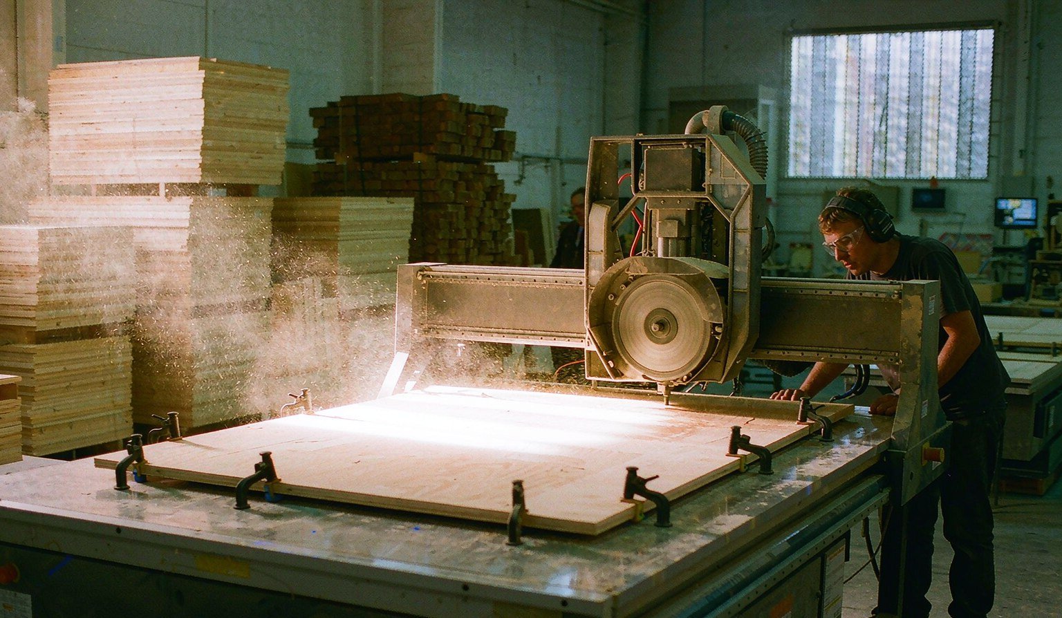 CNC router cutting a counter panel in the woodworking shop - Trade Show Flooring Rental