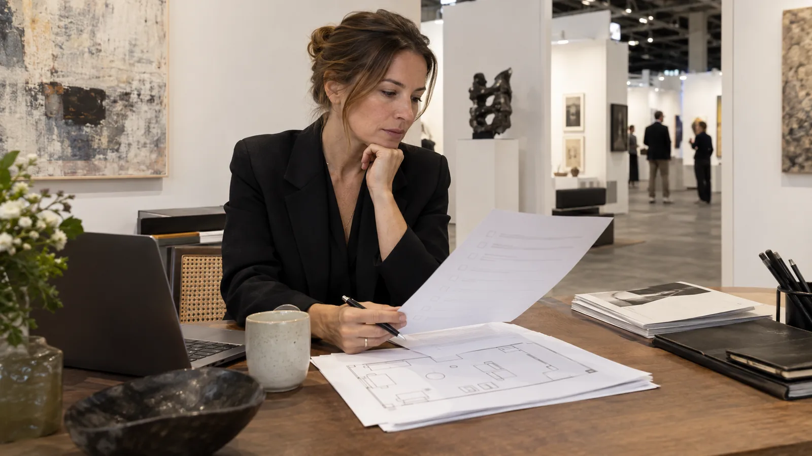 Gallery director reviewing an application checklist and booth sketch