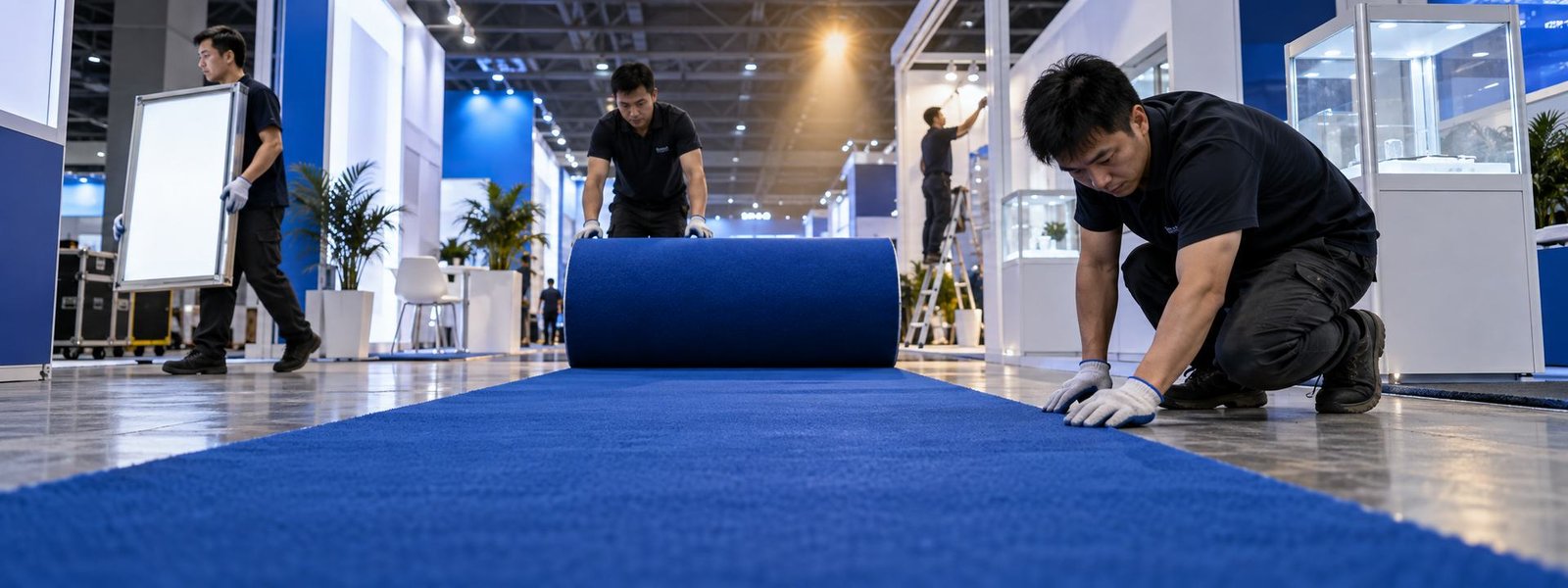 Lane Events Center exhibitor booth planning team in a modern convention hall