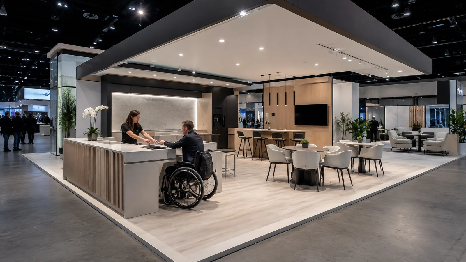 Accessible trade show booth route with clear turning space and a level entrance