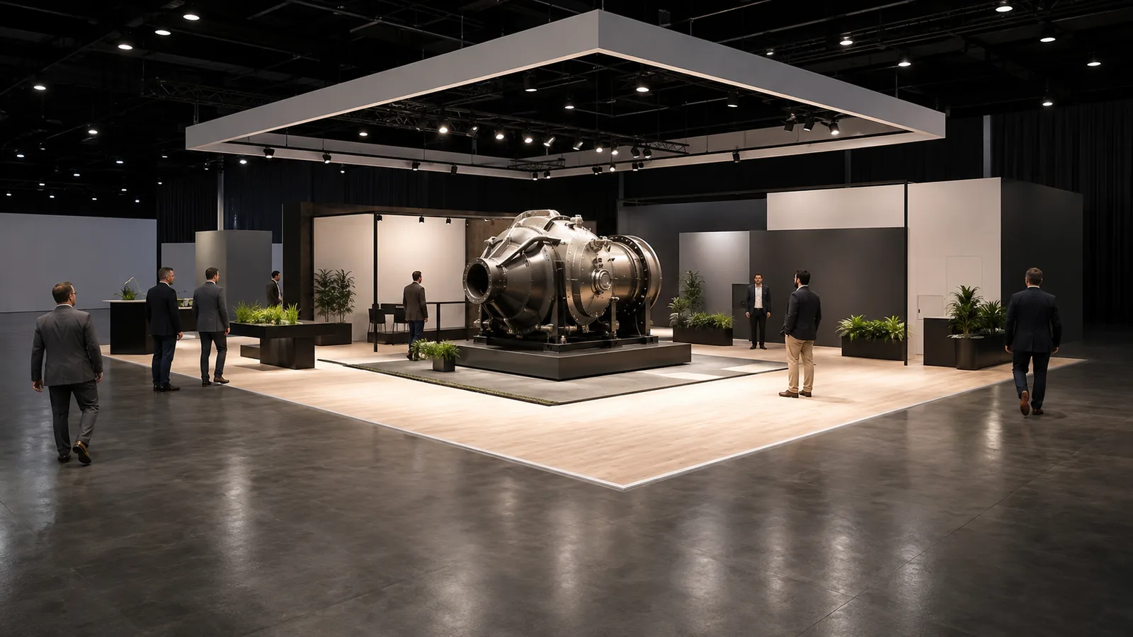 Large trade show booth designed for visibility from several aisle approaches