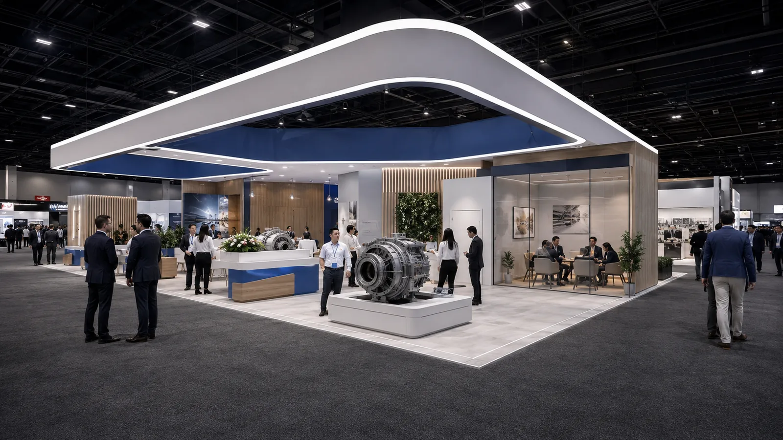 Large island trade show booth with open visitor zones and an overhead structure