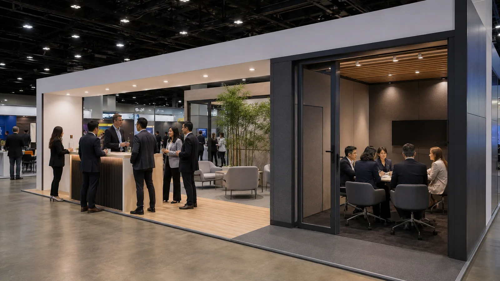 Large booth with separate open conversation and private meeting areas