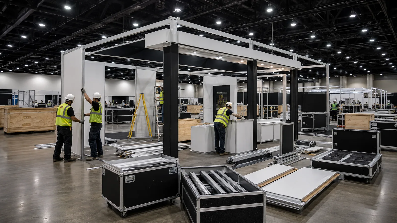 Modular large booth components organized for installation, transport, and reuse