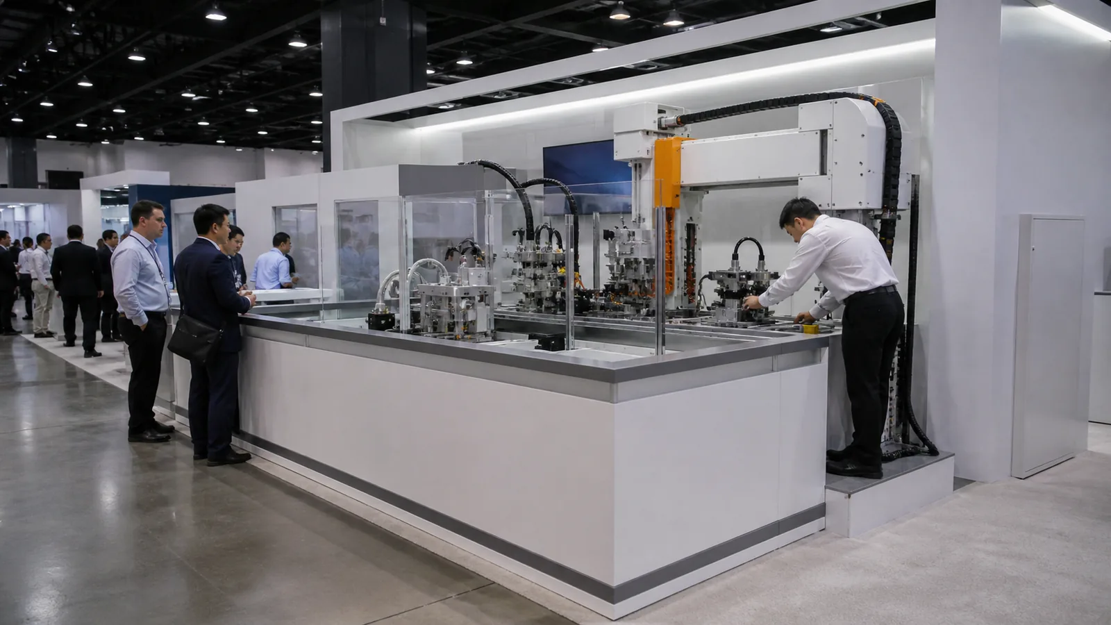 Industrial product demonstration integrated into a large trade show booth layout