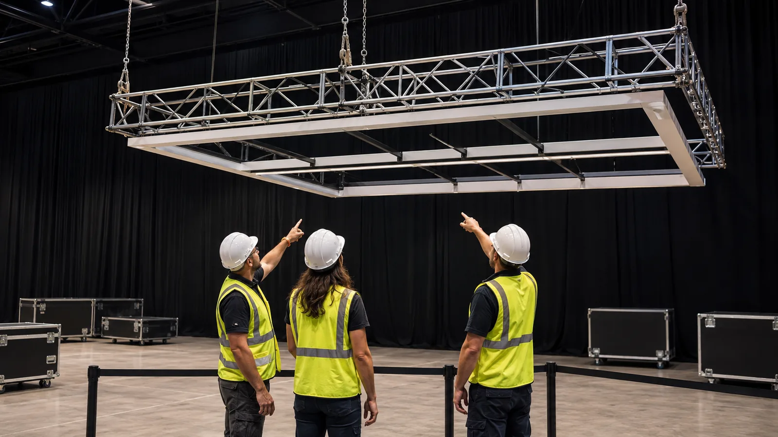 Trade show crew reviewing overhead rigging and structural approval points