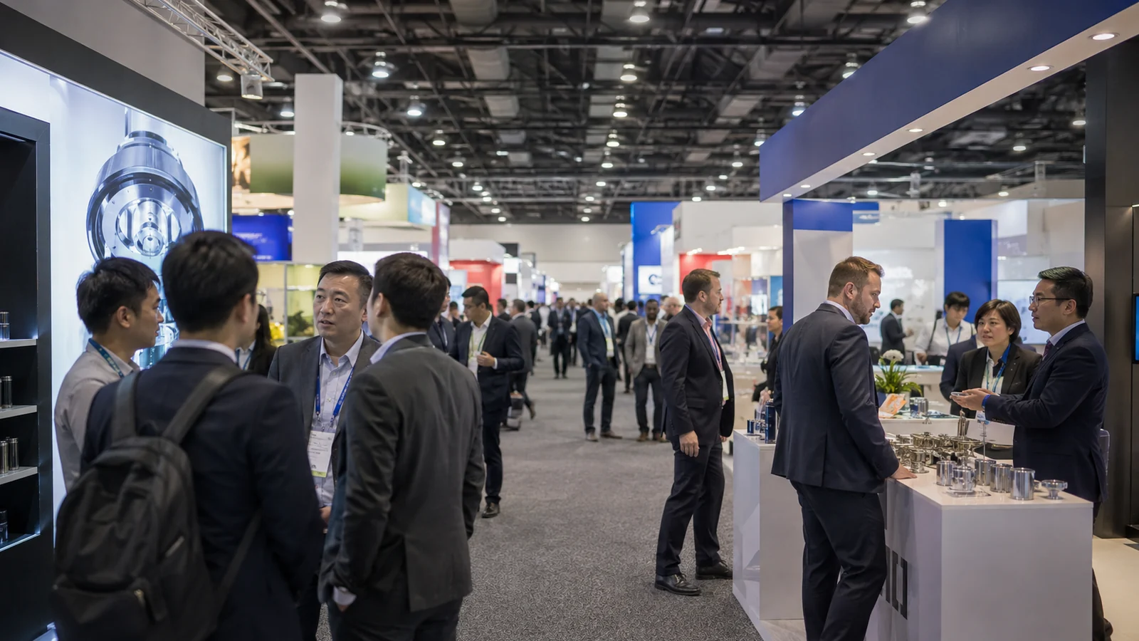 International buyers and exhibitors meeting inside a large B2B trade show hall