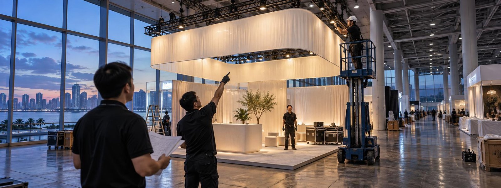 Long Beach Convention Center exhibitor booth planning team in a modern convention hall