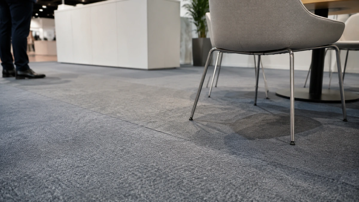 Illustrative low-pile booth carpet with a flush diagonal seam and chair feet resting on the surface.