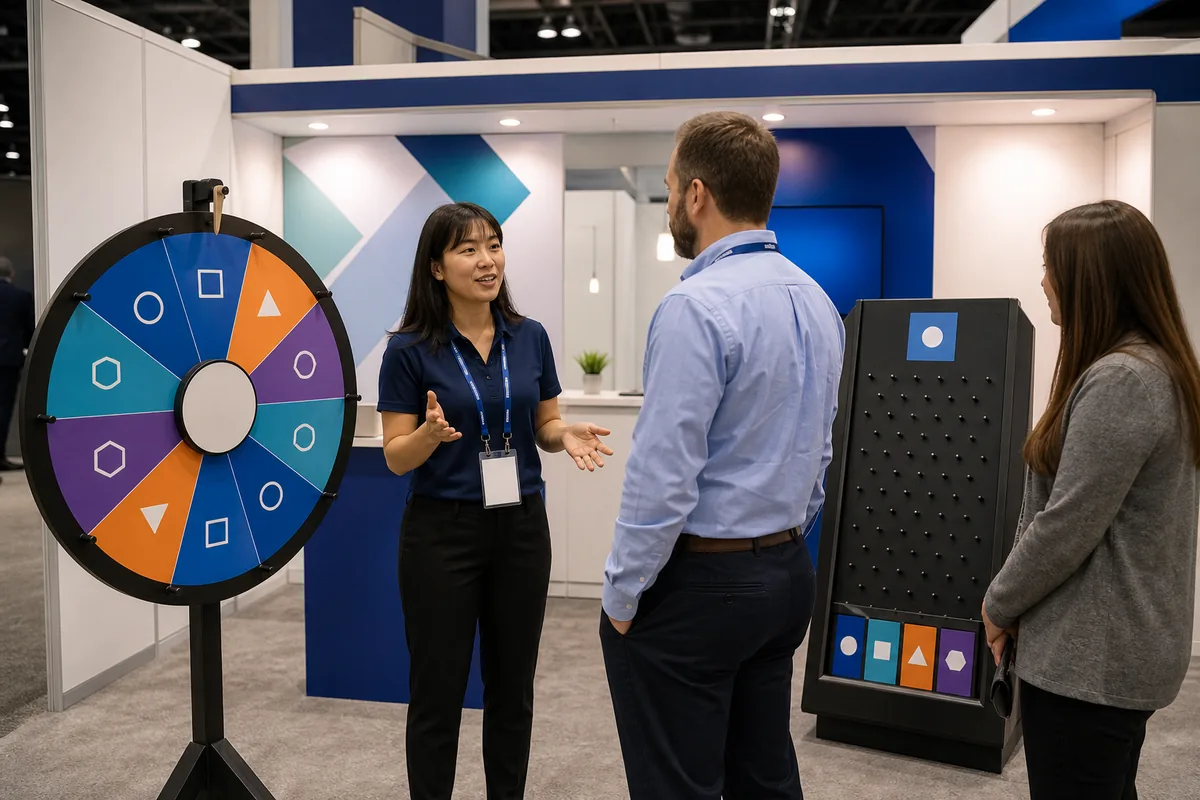 Prize wheel and drop board games in a professional trade show booth
