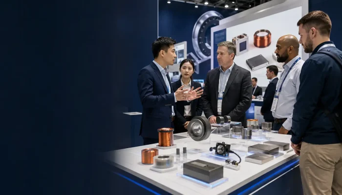 Engineers discussing magnetic components at a professional trade-show booth.