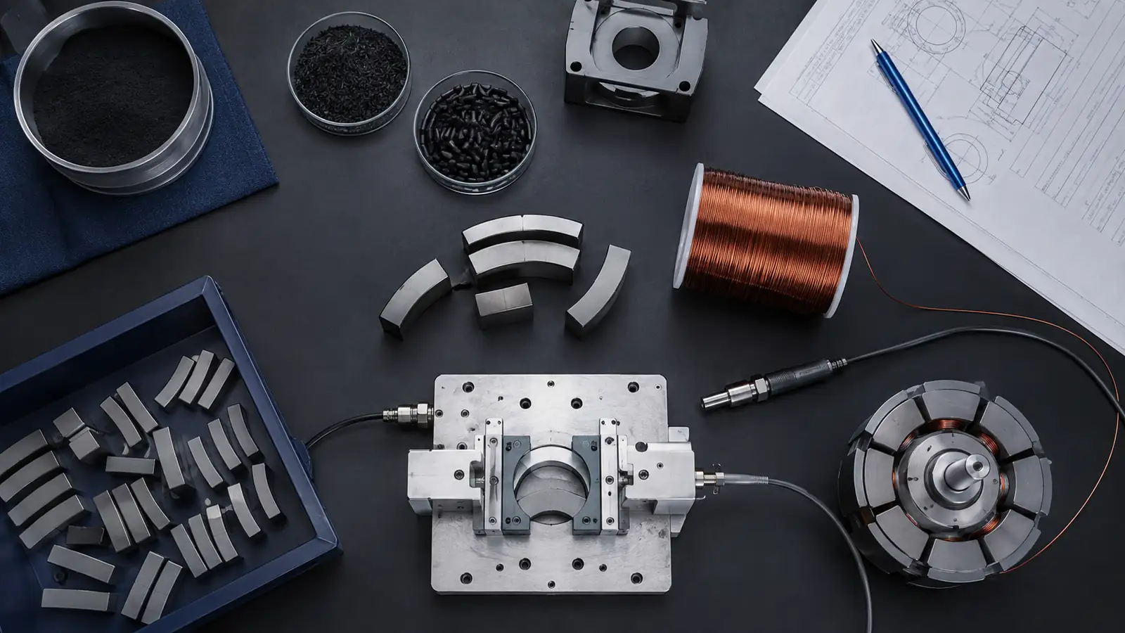 Magnetic materials, components, and testing equipment arranged on an engineering workbench.