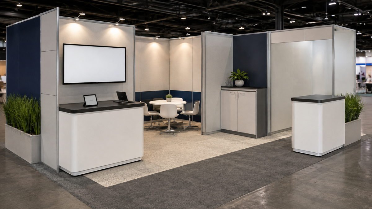 Trade show booth layout with demo meeting storage and aisle zones
