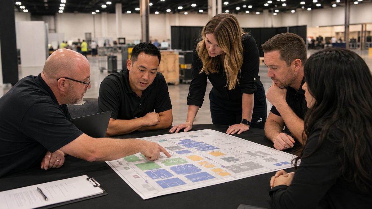 Exhibitor team reviewing a convention center floor plan for booth location planning