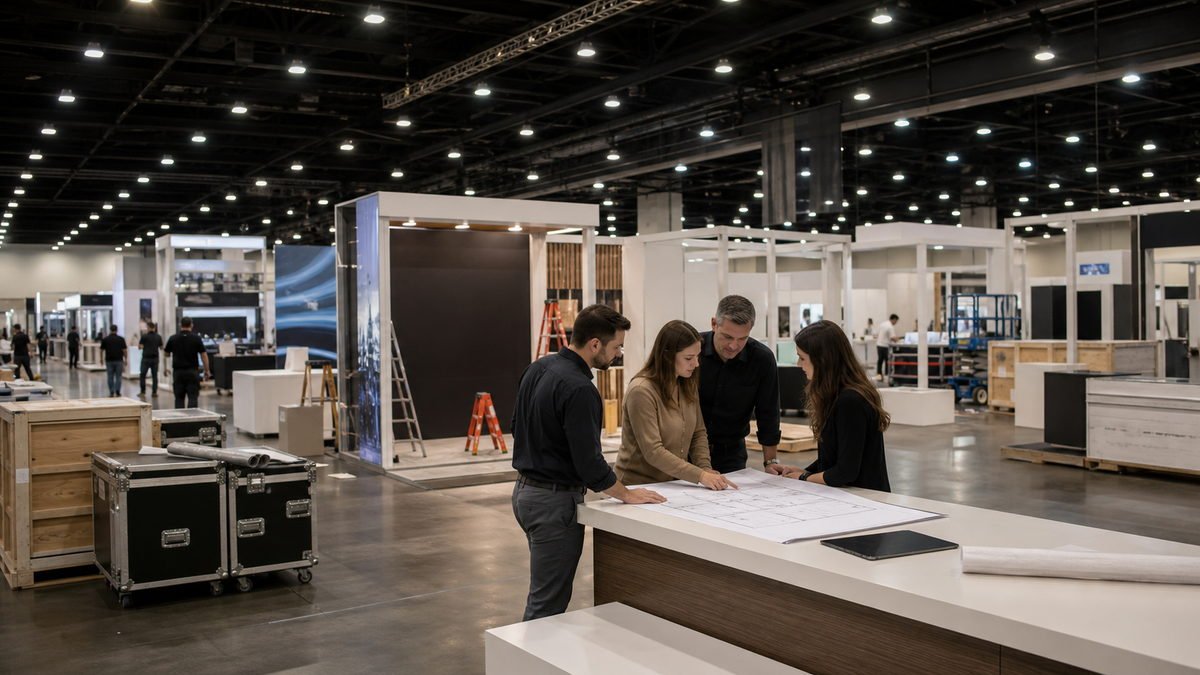 Trade show booth planning scene for a Mandalay Bay exhibitor guide