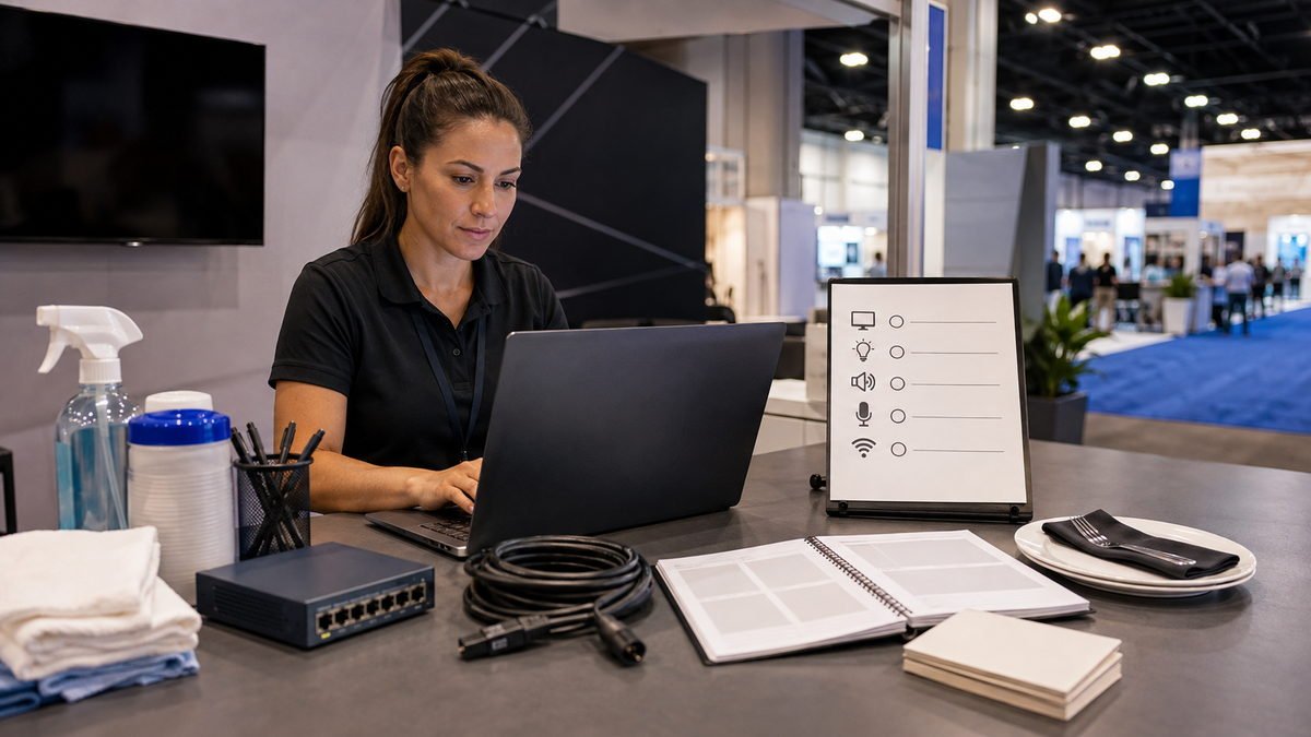 Exhibitor service planning for electrical internet AV cleaning and catering orders