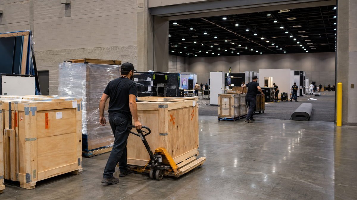 Trade show freight crates and move-in logistics for an exhibit booth