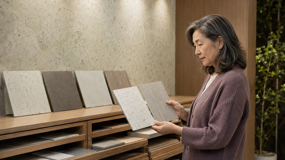 Illustrative material-library booth with labeled finish samples and a visitor comparing options.